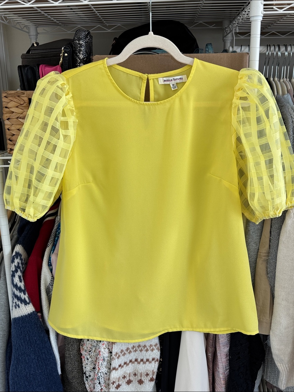 Jealous Tomato Boutique Top Yellow w/Sheer Puff Sleeves Gorgeous! Size Medium